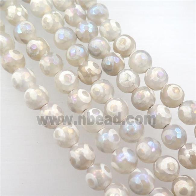 faceted round Tibetan Agate beads, white, eye, AB color electroplated