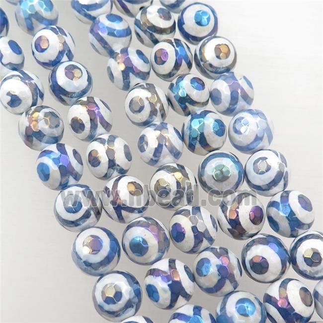 faceted round Tibetan Agate beads, blue, eye, AB color electroplated