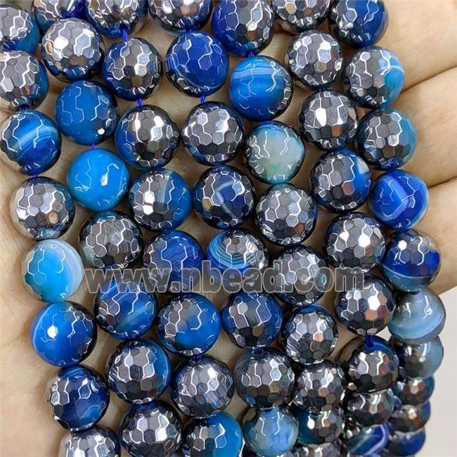 blue striped Agate Beads, half silver electroplated