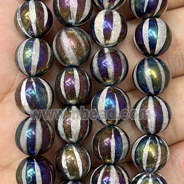 round Tibetan Agate Beads, pumpkin, rainbow electroplated