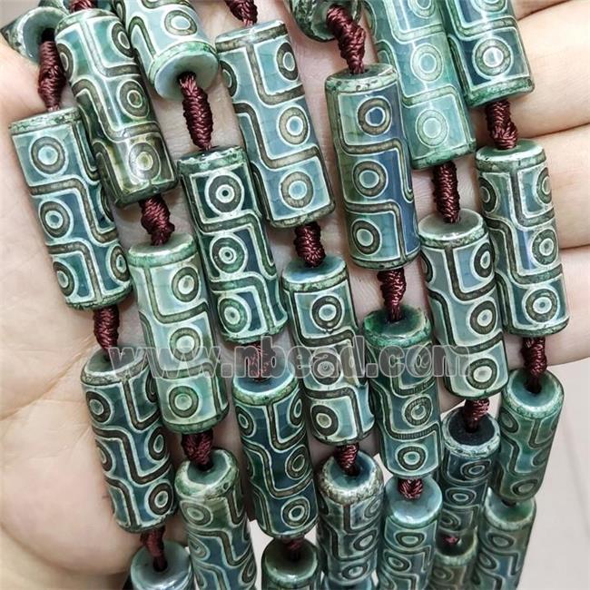 Green Tibetan Agate Tube Beads Evil Eye