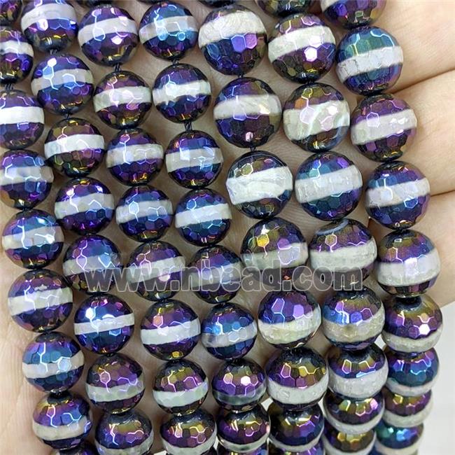 Tibetan Agate Beads Faceted Round Line Rainbow Electroplated