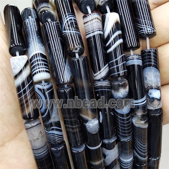 Natural Stripe Agate Column Beads Banded Black