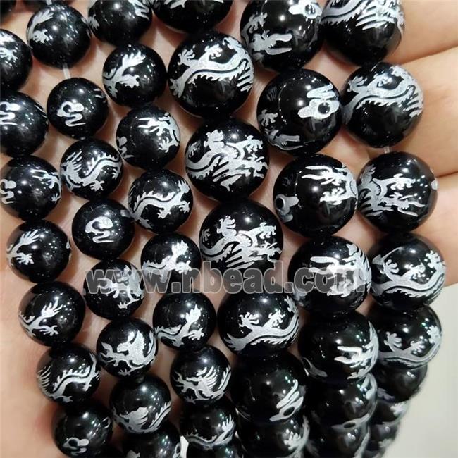 Natural Agate Beads Black Dye Round Carved Dragon