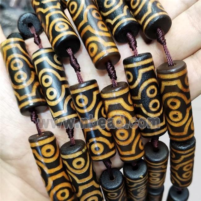 Tibetan Style Agate Column Beads Yellow Evil Eye Black