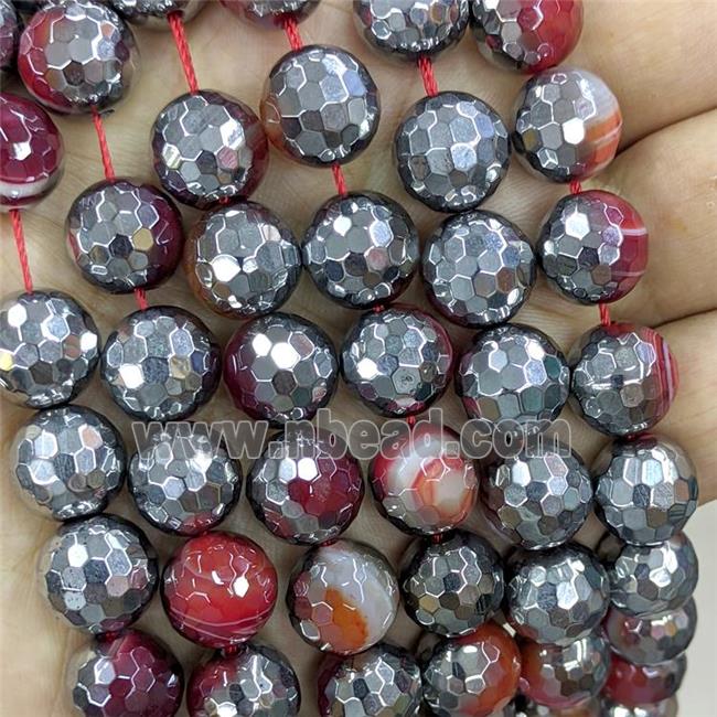 Natural Stripe Agate Beads Faceted Round Red Dye Platinum Plated