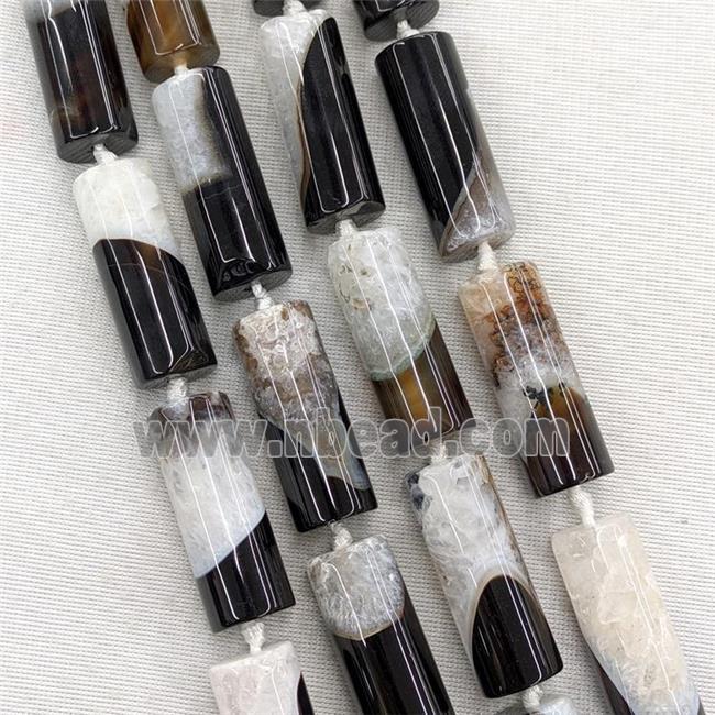 Natural Druzy Agate Tube Beads Black Dye