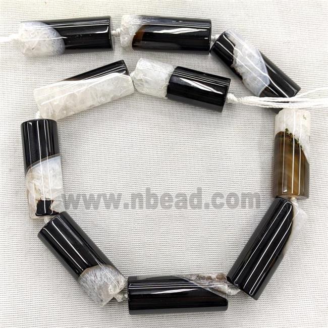 Natural Druzy Agate Tube Beads Black Dye