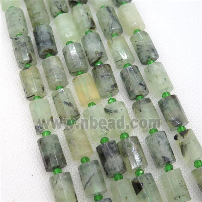 green Prehnite tube Beads, faceted cylinder