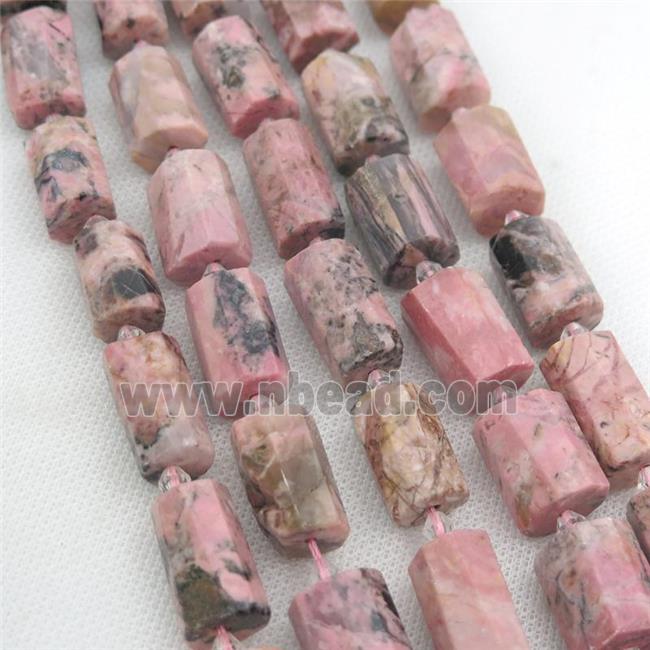 pink Rhodonite beads, faceted cylinder