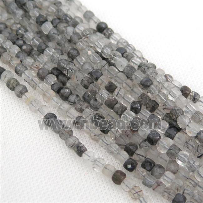 black Rutilated Quartz Beads, faceted cube