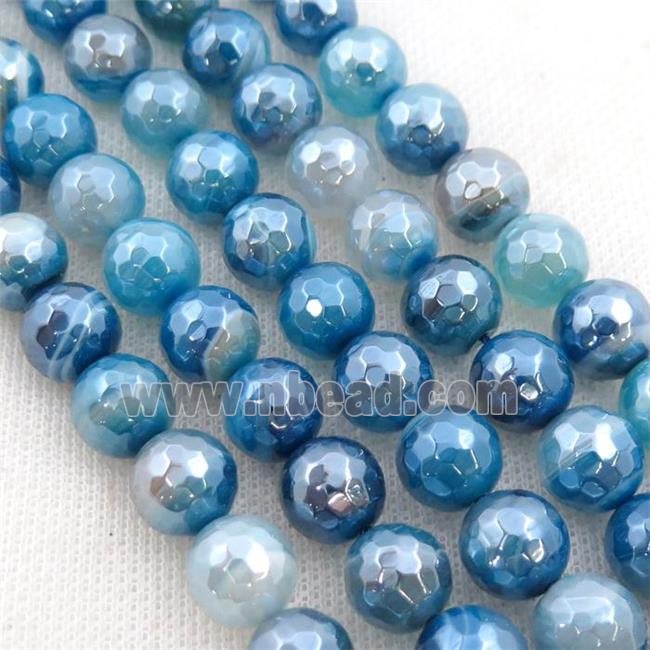 blue striped Agate beads, faceted round, light electroplated