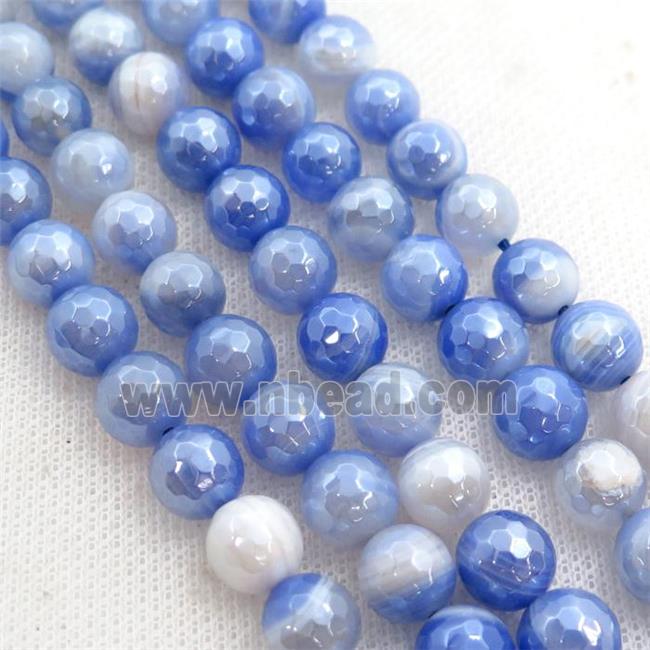 blue striped Agate beads, faceted round, light electroplated