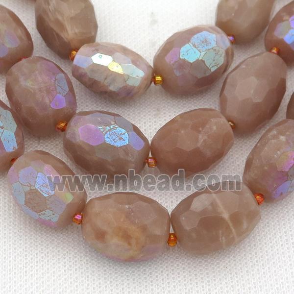 peach MoonStone Beads, faceted barrel, electroplated