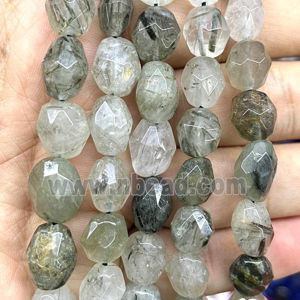 green Rutilated Quartz beads, faceted freeform