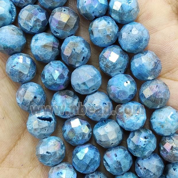 Blue Agate Druzy Geode Beads Faceted Round Electroplated