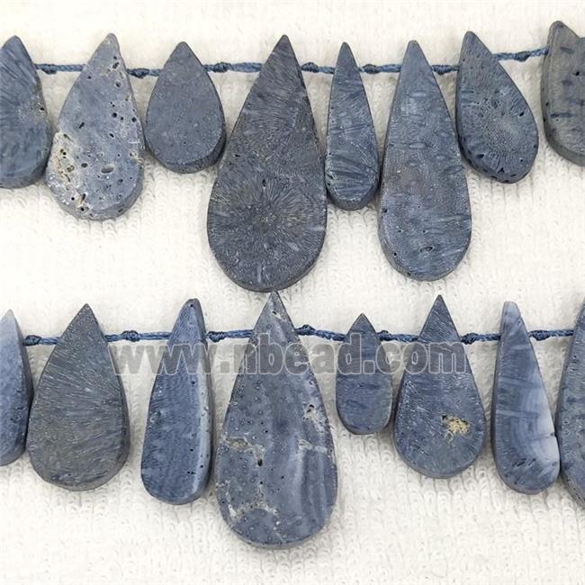 Blue Coral Fossil Teardrop Beads Topdrilled