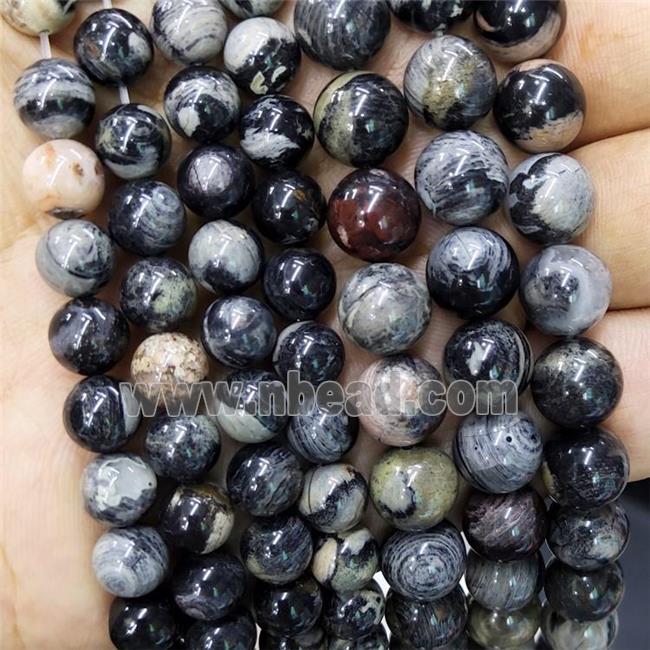 Black Silver Leaf Jasper Beads Smooth Round