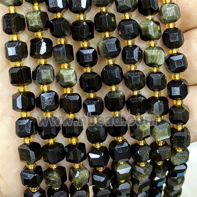 Natural Obsidian Beads Golden Flash Faceted Cube