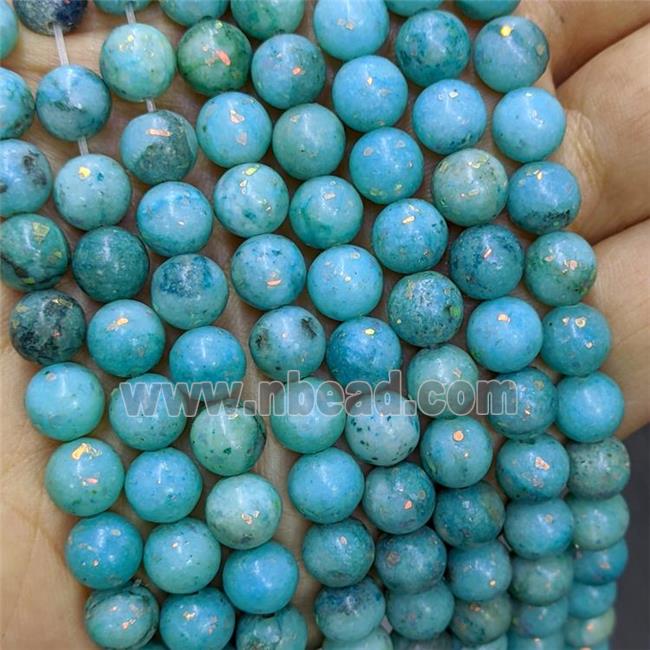 Natural Marble Round Beads Pave Gold Foil Smooth Blue Dye 