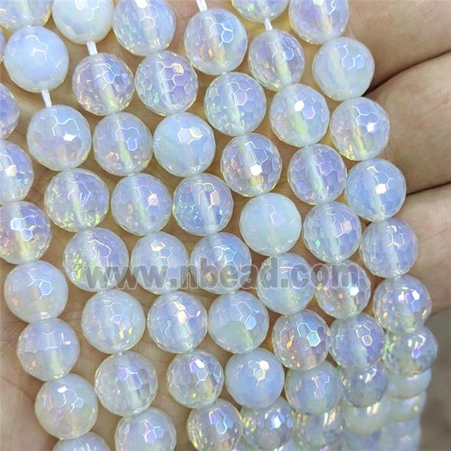 White Opalite Beads Faceted Round AB-Color Electroplated