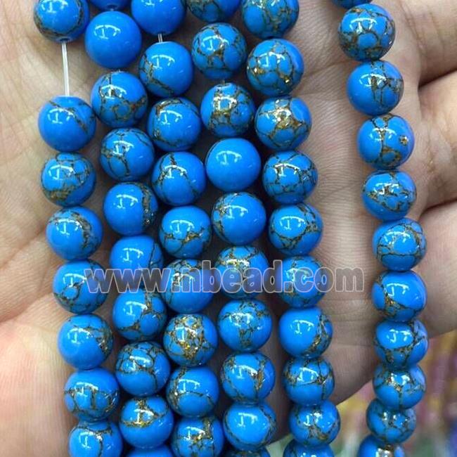 Synthetic Blue Turuqoise Beads With Golden Line Smooth Round