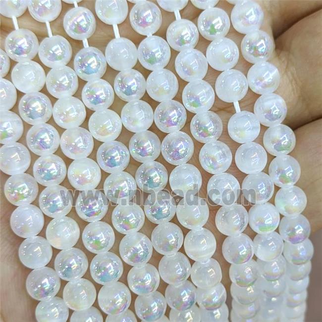 Natural White Selenite Beads Smooth Round AB-Color Electroplated