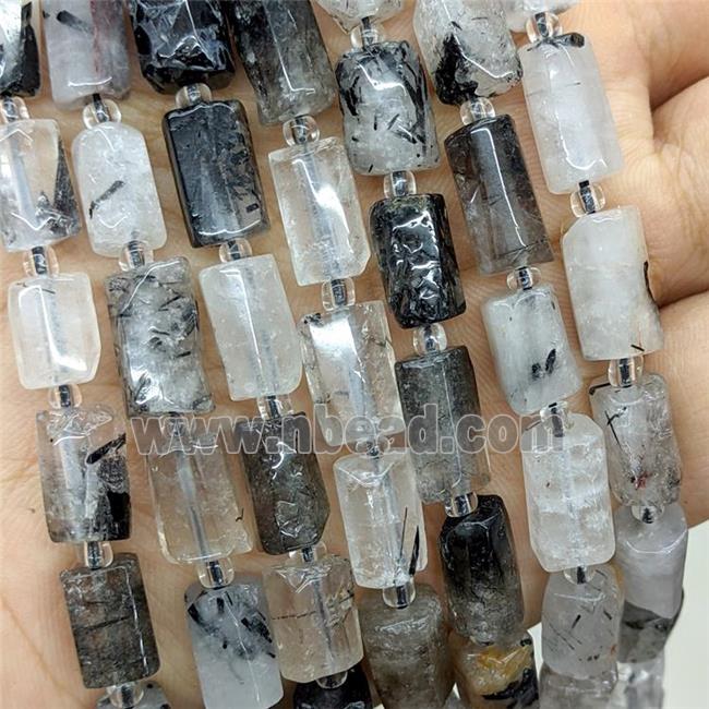 Natural Black Rutilated Quartz Tube Beads