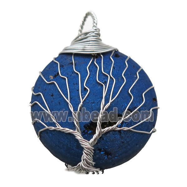 blue Agate Druzy circle pendant wire warpped tree of life