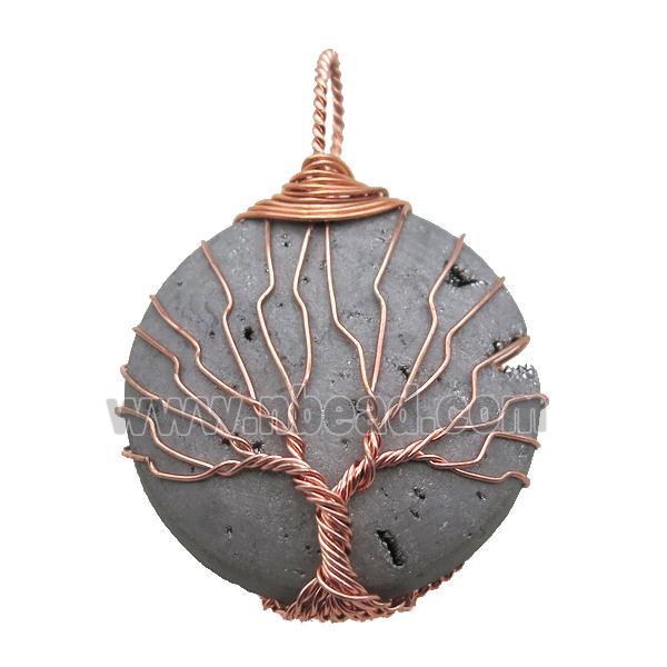 silver Agate Druzy circle pendant wire warpped tree of life