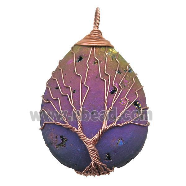 rainbow Agate Druzy teardrop pendant wire warpped tree of life