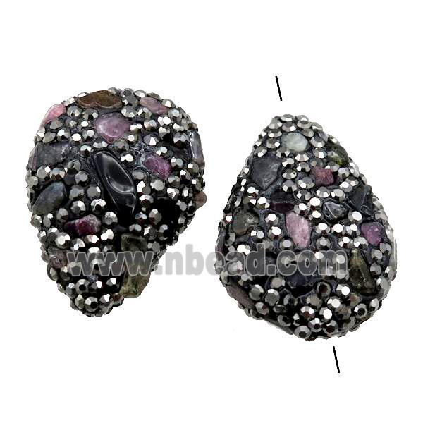 Clay Beads paved rhinestone with Tourmaline, teardrop