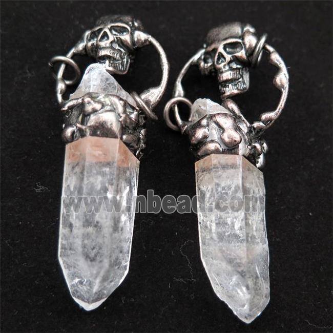 Crystal Quartz stick pendant with skull, antique red