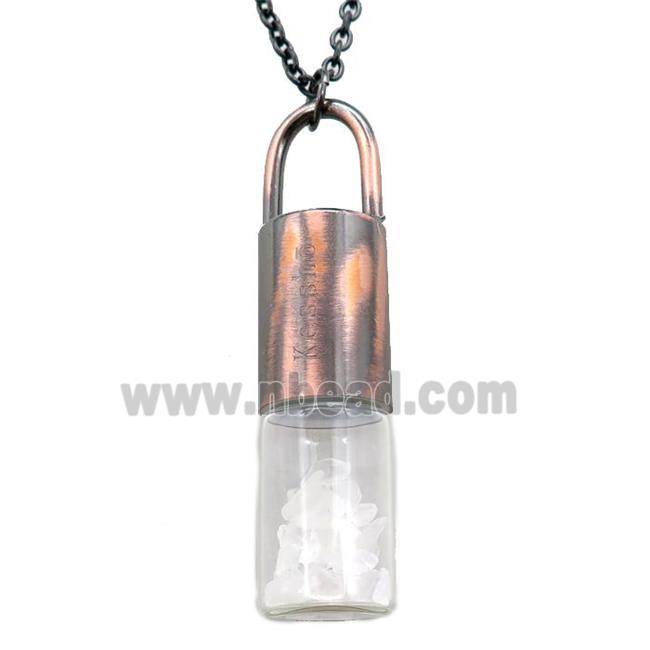 copper perfume bottle Necklace with clear quartz, antique red