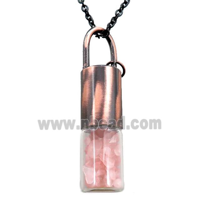 copper perfume bottle Necklace with rose quartz, antique red