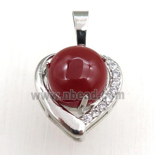 red carnelian agate pendant paved rhinestone, heart, platinum plated