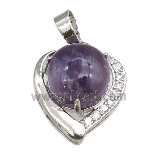 amethyst pendant paved rhinestone, heart, platinum plated