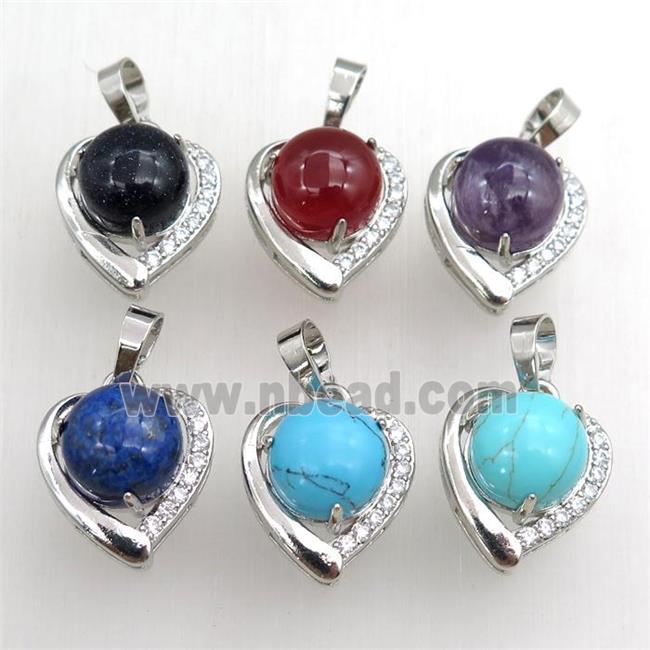 mix gemstone pendant paved rhinestone, heart, platinum plated