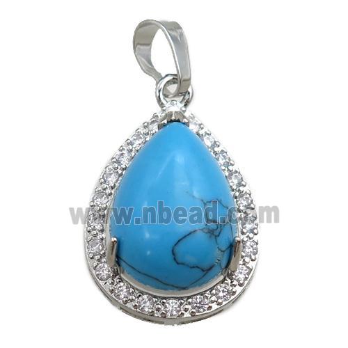 blue synthetic turquoise pendant paved rhinestone, teardrop, platinum plated