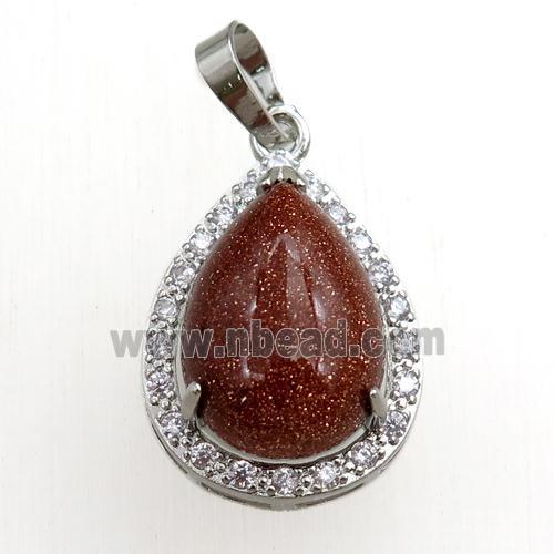 gold sandstone pendant paved rhinestone, teardrop, platinum plated