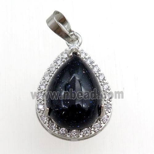 blue sandstone pendant paved rhinestone, teardrop, platinum plated