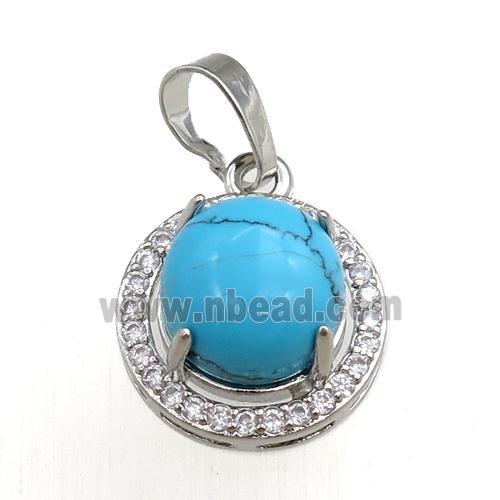 blue synthetic turquoise pendant paved rhinestone, circle, platinum plated