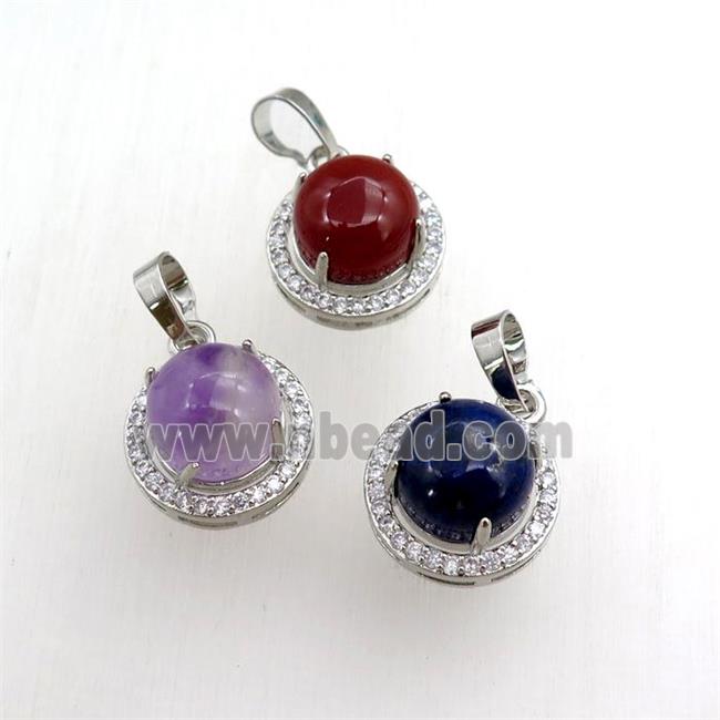 mixed gemstone pendant paved rhinestone, circle, platinum plated