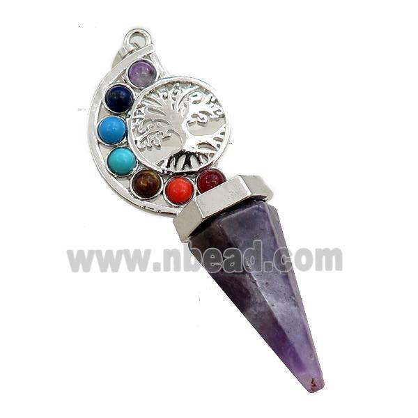 amehyst chakra pendulum pendant, tree of life, platinum plated