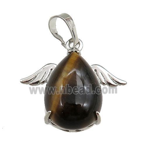 tiger eye stone angel pendant, platinum plated