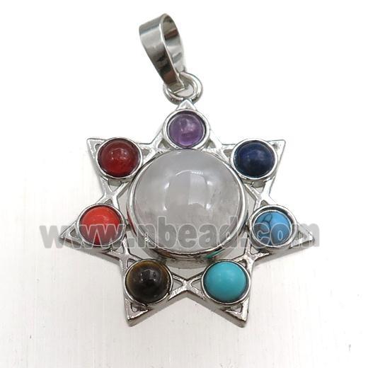 clear quartz chakra pendant, star, platinum plated