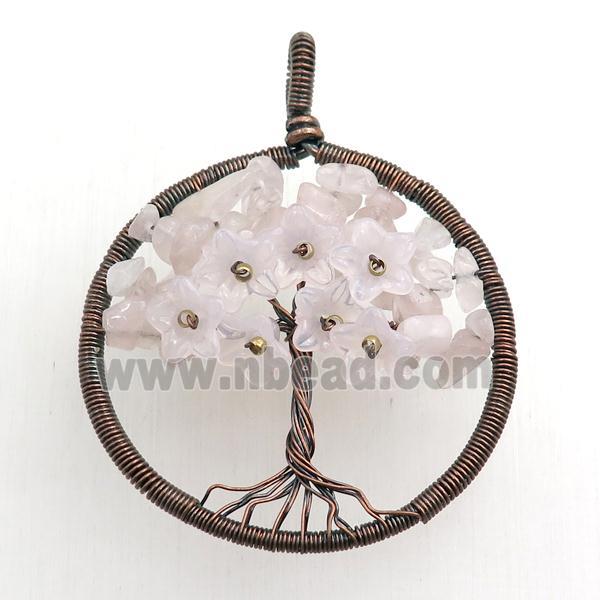 rose quartz pendant, tree of life, wire wrapped