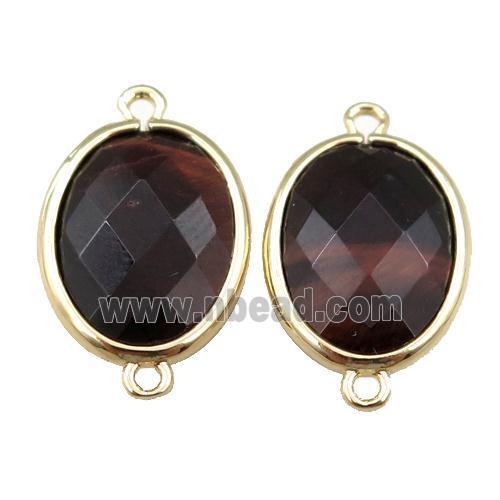 red Tiger eye stone connector, faceted oval, gold plated