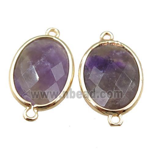 purple Amethyst connector, faceted oval, gold plated