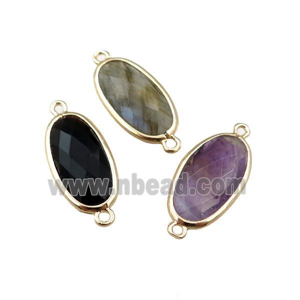 mixed Gemstone connector, faceted oval, gold plated